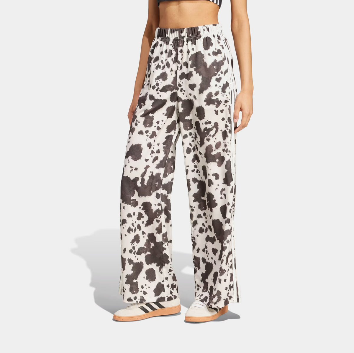Original Satin Wide Leg Cow Print Womens Pants (Multicolor/Off White)