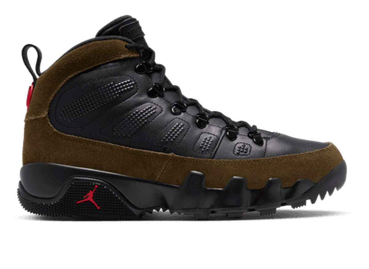 Air Jordan 9 Retro Boot NRG in Black / Light Olive / True Red