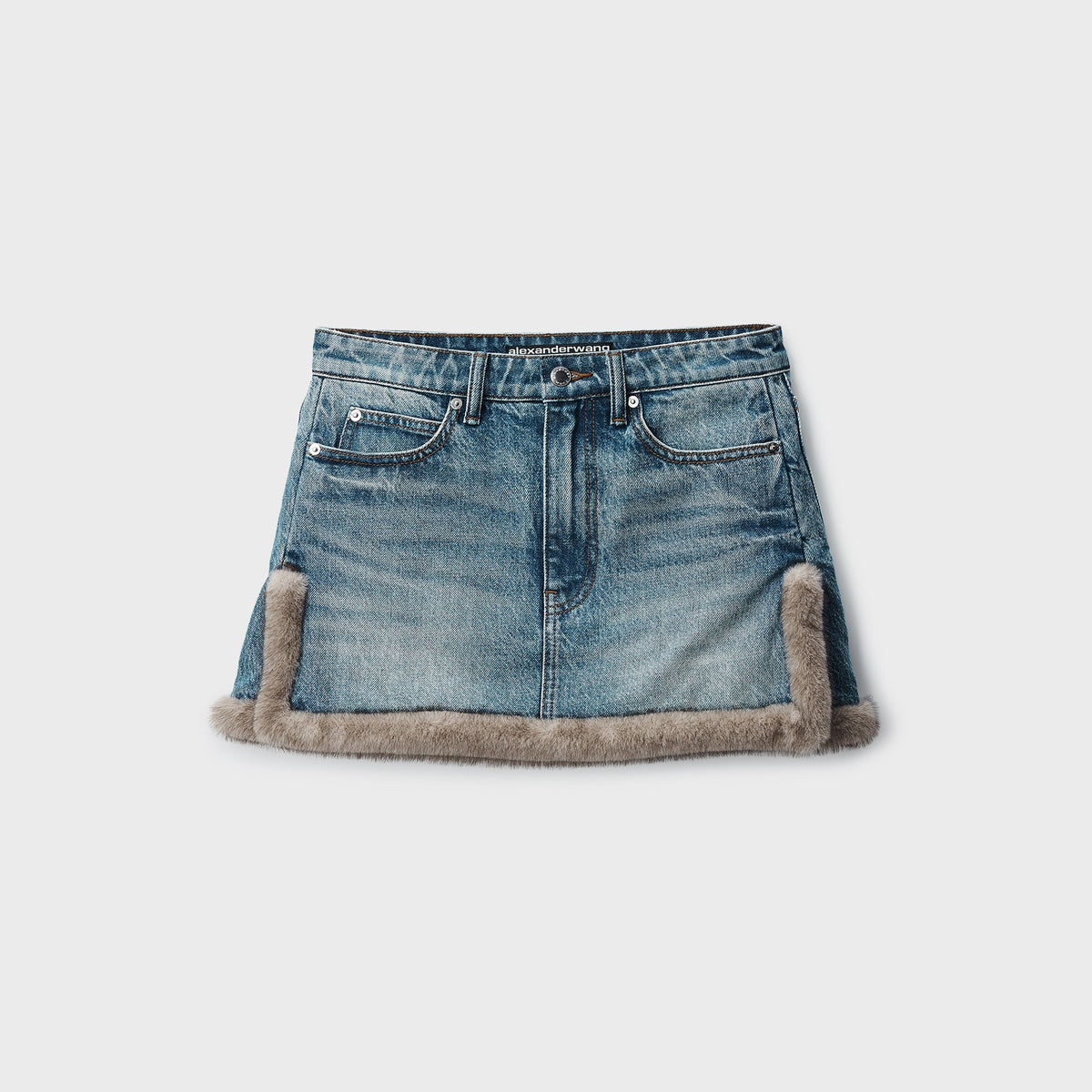 Alexander Wang Faux Fur Trim Denim Skirt - Tinted Medium Indigo