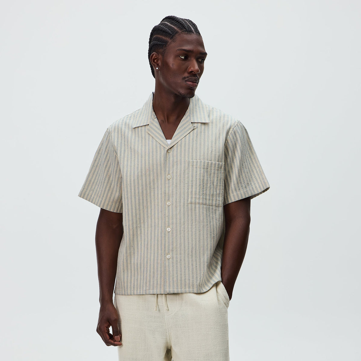 Kith Neon Slub Stripe Cropped Beckham Camp Collar Shirt - Sandrift
