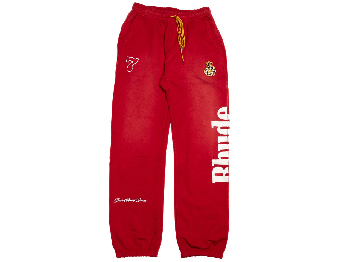 Rhude Desert Racing Script Cuffed Sweatpant in Washed Red / White