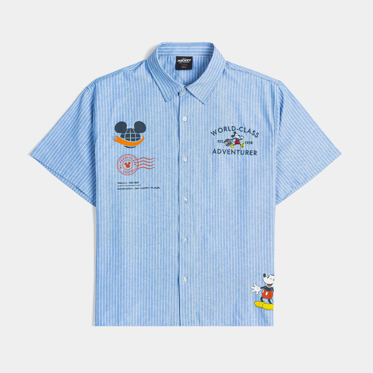 Mickey and Friends Traveler By Shoe Palace Adventurer Button Up Mens Short Sleeve Shirt (Blue/White)