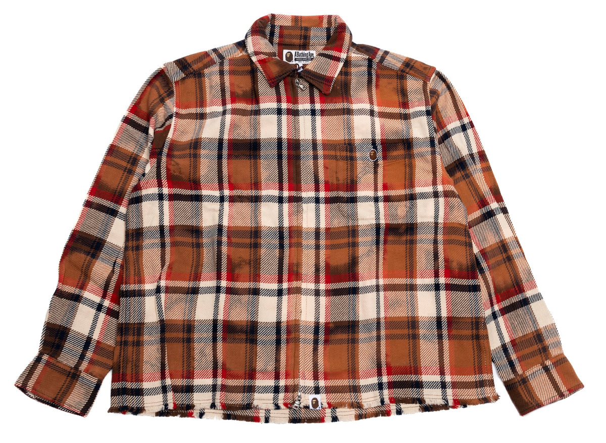 A Bathing Ape Bleached Bape Check Zip Shirt in Red