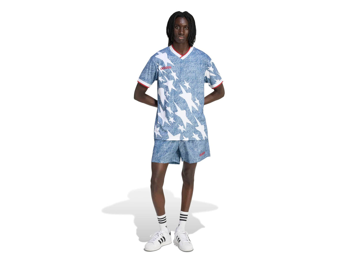 Adidas Denim Graphic Shorts in White / Dark Blue