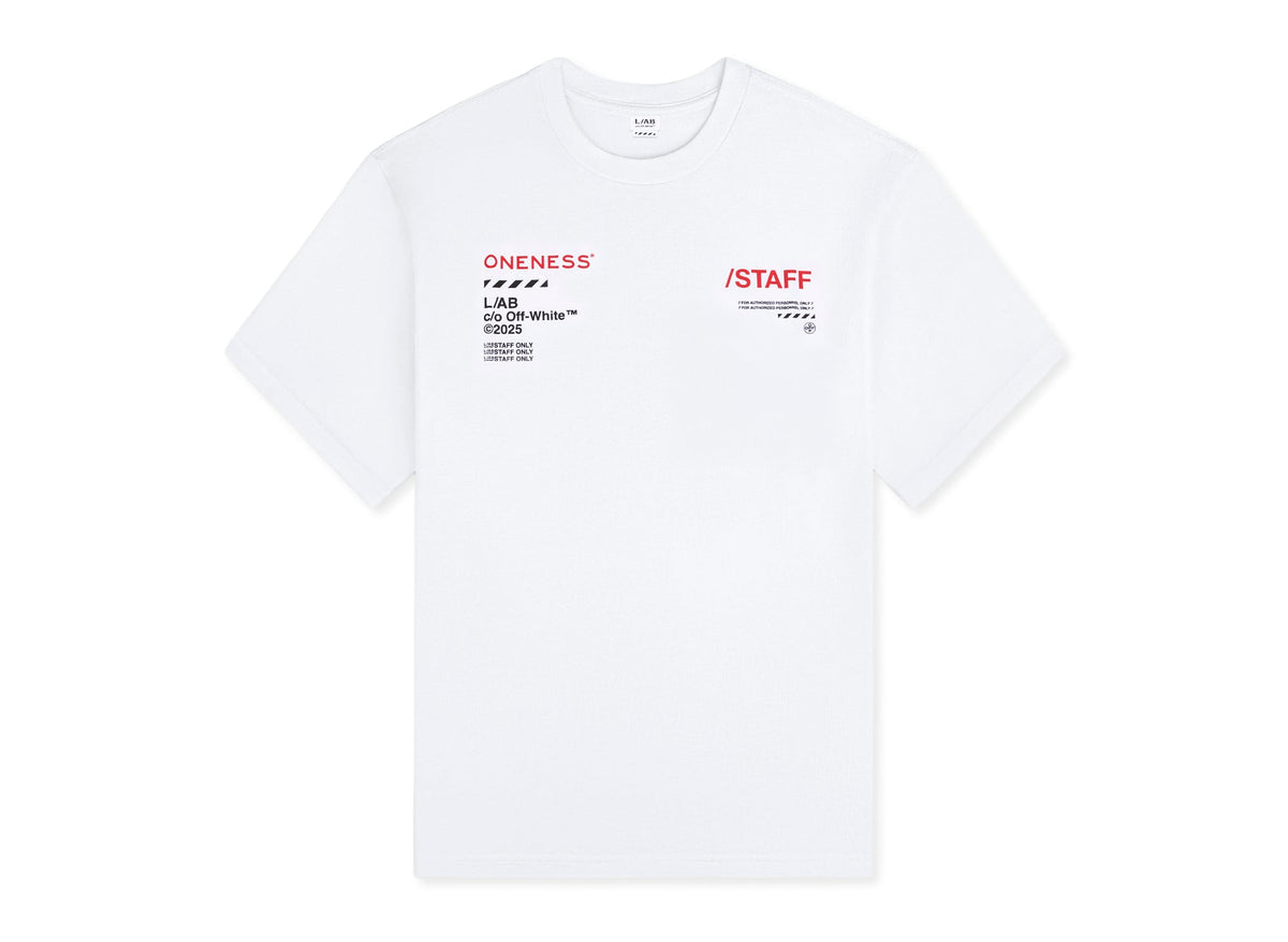 L/AB c/o Off-White™ x ONENESS* Staff Tee in White & Red