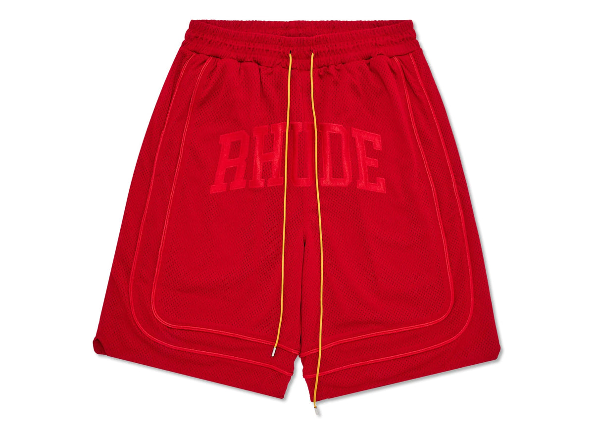 Rhude Baggy Mesh Collegiate Logo Shorts in Red